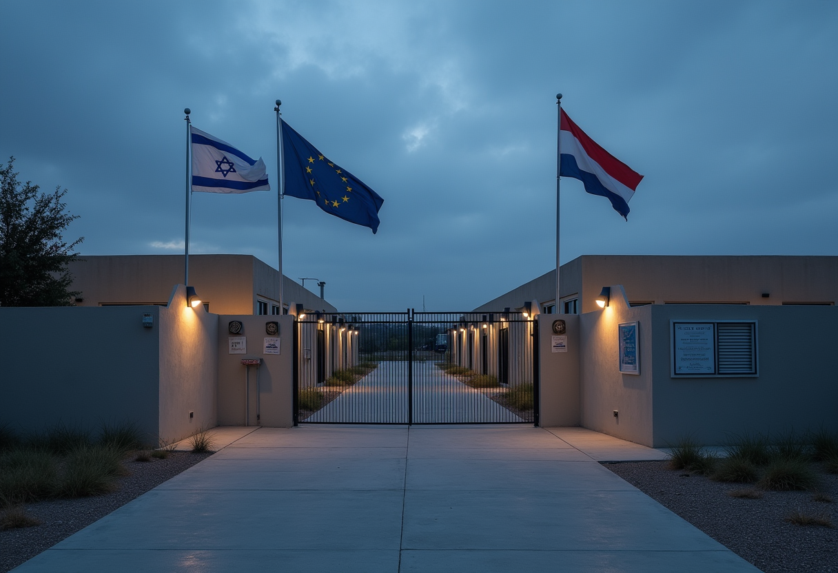 A photojournalistic image of a modern military coordination facility in southern Israel at dusk, with European Union and national flags (subtly implied, no readable text or emblems) partially visible near a gated entrance, tense diplomatic atmosphere, overcast sky, realistic documentary style, no logos or text overlays.