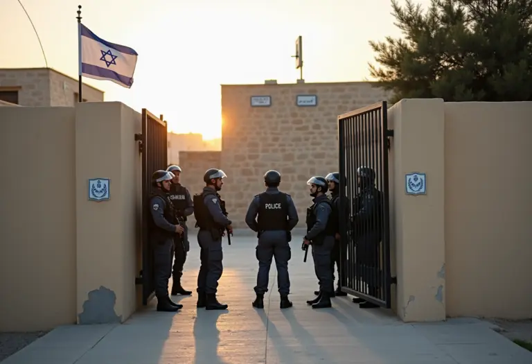 A photojournalistic wide shot of Israeli police and border police officers standing at the gate of a walled compound in East Jerusalem at dawn, an Israeli flag visible near the entrance and a UN-marked sign on the building in the background, realistic documentary press-photo style, natural light.