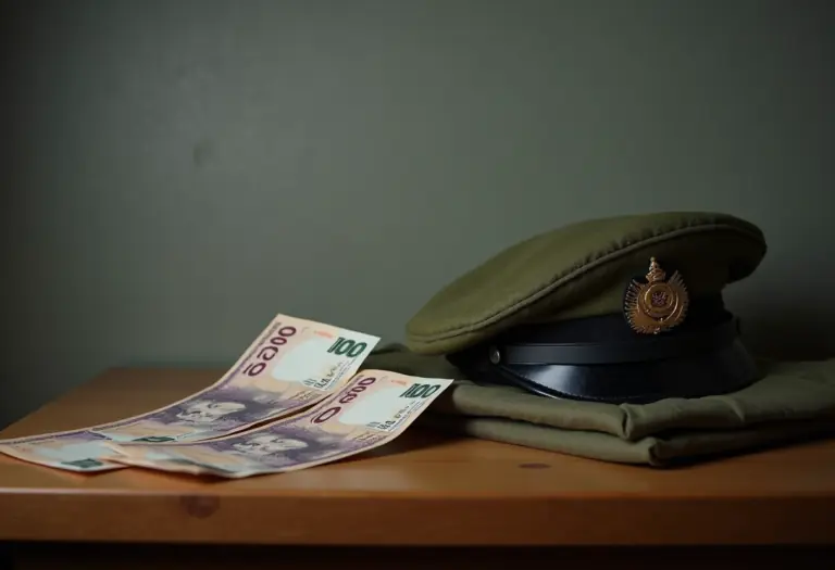 A somber editorial photo of an Israeli military budget crisis: a stack of Israeli shekel banknotes next to a military beret and a folded IDF uniform on a wooden desk, soft dramatic lighting, photojournalistic style, no text