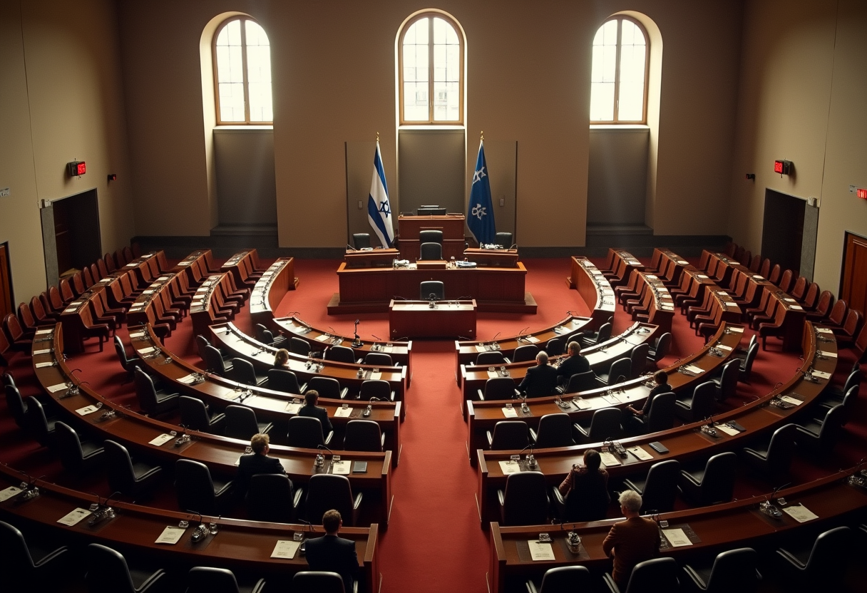 A photorealistic editorial photograph of the Israeli Knesset plenum hall in Jerusalem, empty rows of seats and microphones, Israeli flag visible, dramatic natural light through windows, serious documentary news-photography style, no text or logos.