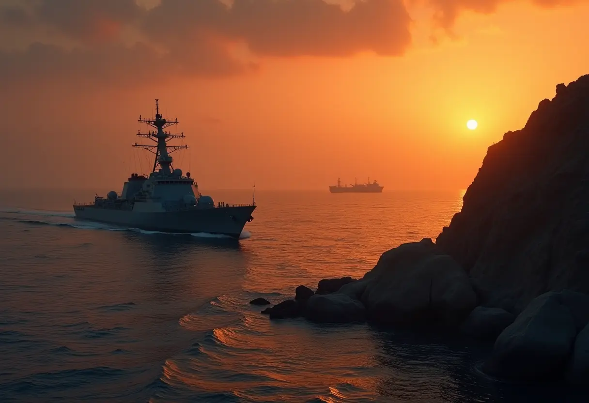 A photorealistic dusk photograph of a US Navy destroyer patrolling near a rocky Middle Eastern island coastline with the hazy silhouette of tankers on the horizon, dramatic orange sky, tense atmospheric news-photography style, no text or logos.