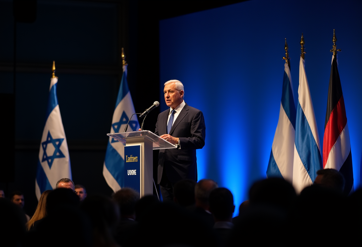 Photojournalistic editorial photograph of a political party launch rally stage in Jerusalem at night, Israeli flags, a former military general in a dark suit speaking passionately at a podium with microphones, a crowd of supporters in the foreground, dramatic stage lighting, realistic documentary style, no visible text or logos