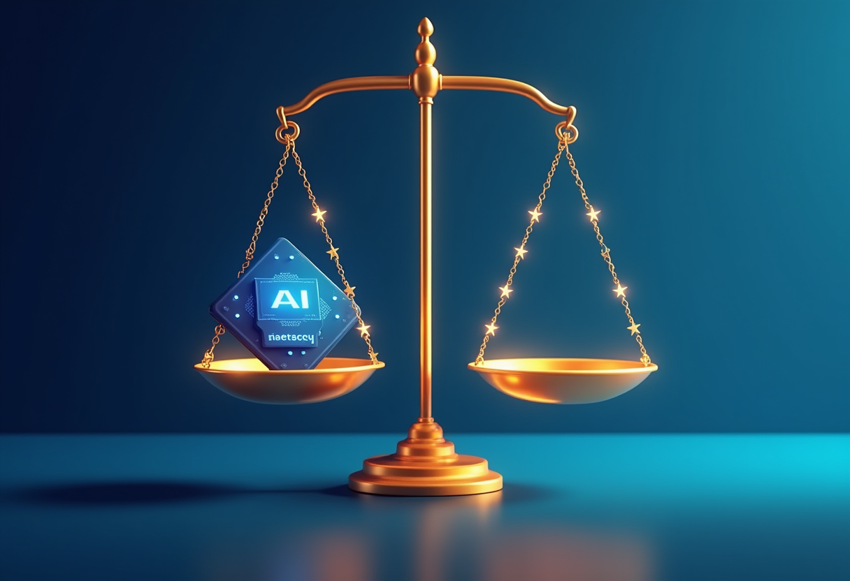 A modern editorial illustration of a glowing digital scale of justice balancing a chip labeled AI against European Union stars, set against a minimalist blue and gold backdrop, clean corporate news style, no text