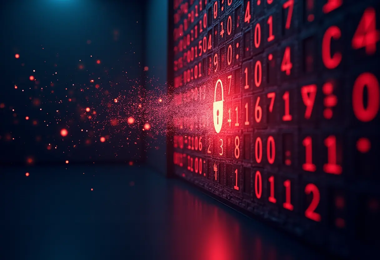 Editorial illustration for a tech news article: a glowing abstract digital neural network breaking through a translucent firewall made of binary code, dark navy and red color palette, dramatic lighting, high detail, no text, no logos, no real people.