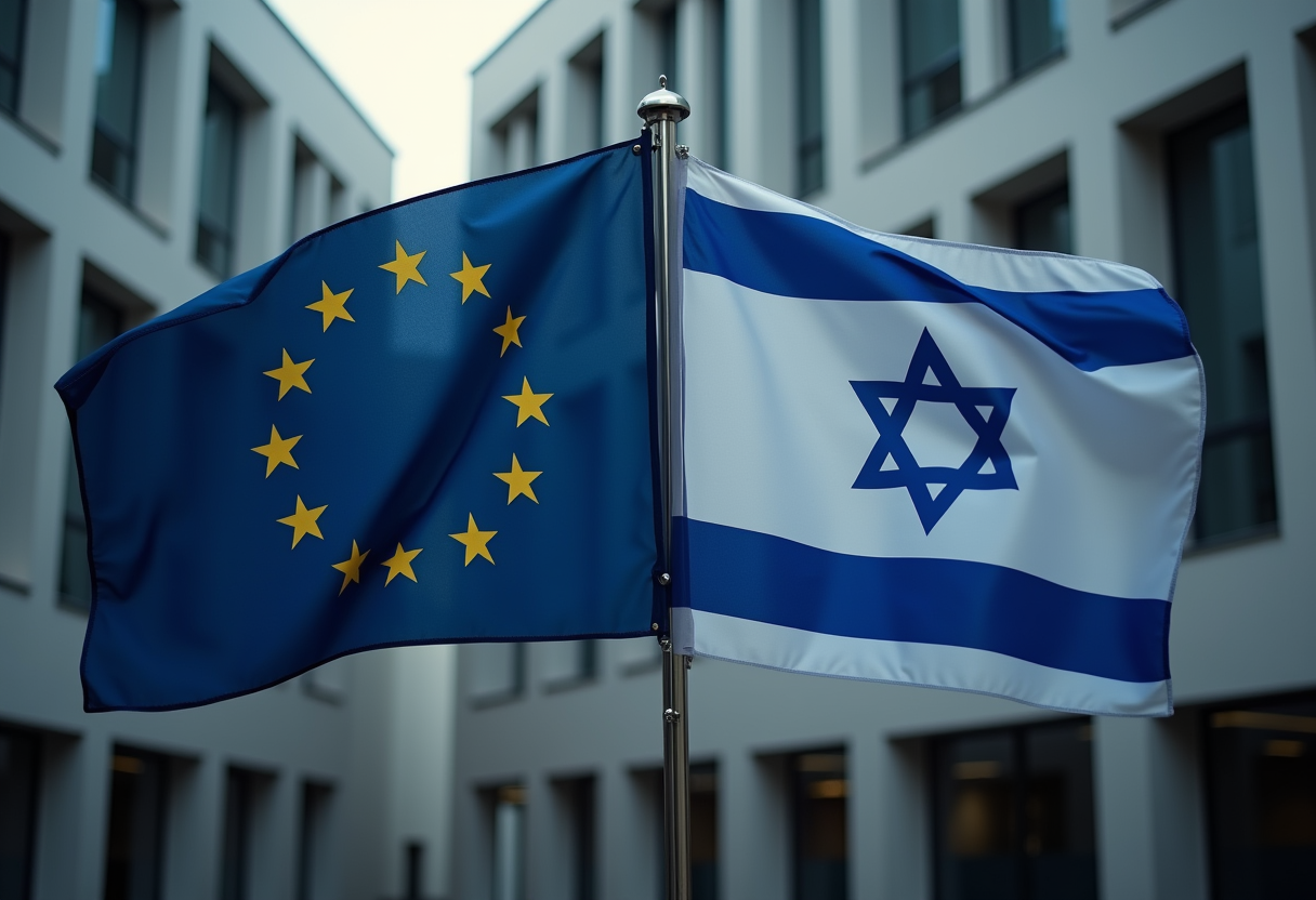 A dramatic photojournalistic image of the European Union flag and the Israeli flag positioned near each other with visible tension, EU council building in the background, moody diplomatic atmosphere, no text or logos, editorial news photography style