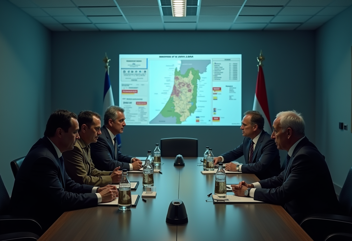 A tense diplomatic and military split-scene: an Israeli government situation room with military officials studying a map of Gaza on one side, and a formal negotiating table with American and Israeli officials in discussion on the other, photorealistic, serious tone, muted blue and grey palette, no visible text or logos