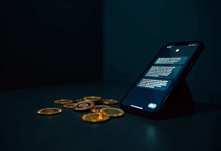 A cinematic, photo-realistic image of a dark smartphone screen glowing with an encrypted chat interface next to scattered glowing cryptocurrency coins on a desk at night, evoking covert digital recruitment and espionage, no visible text, logos or faces.