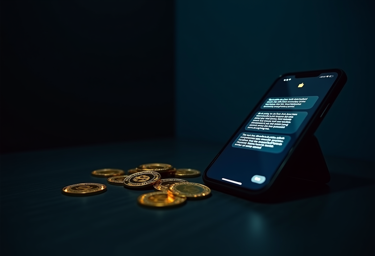 A cinematic, photo-realistic image of a dark smartphone screen glowing with an encrypted chat interface next to scattered glowing cryptocurrency coins on a desk at night, evoking covert digital recruitment and espionage, no visible text, logos or faces.