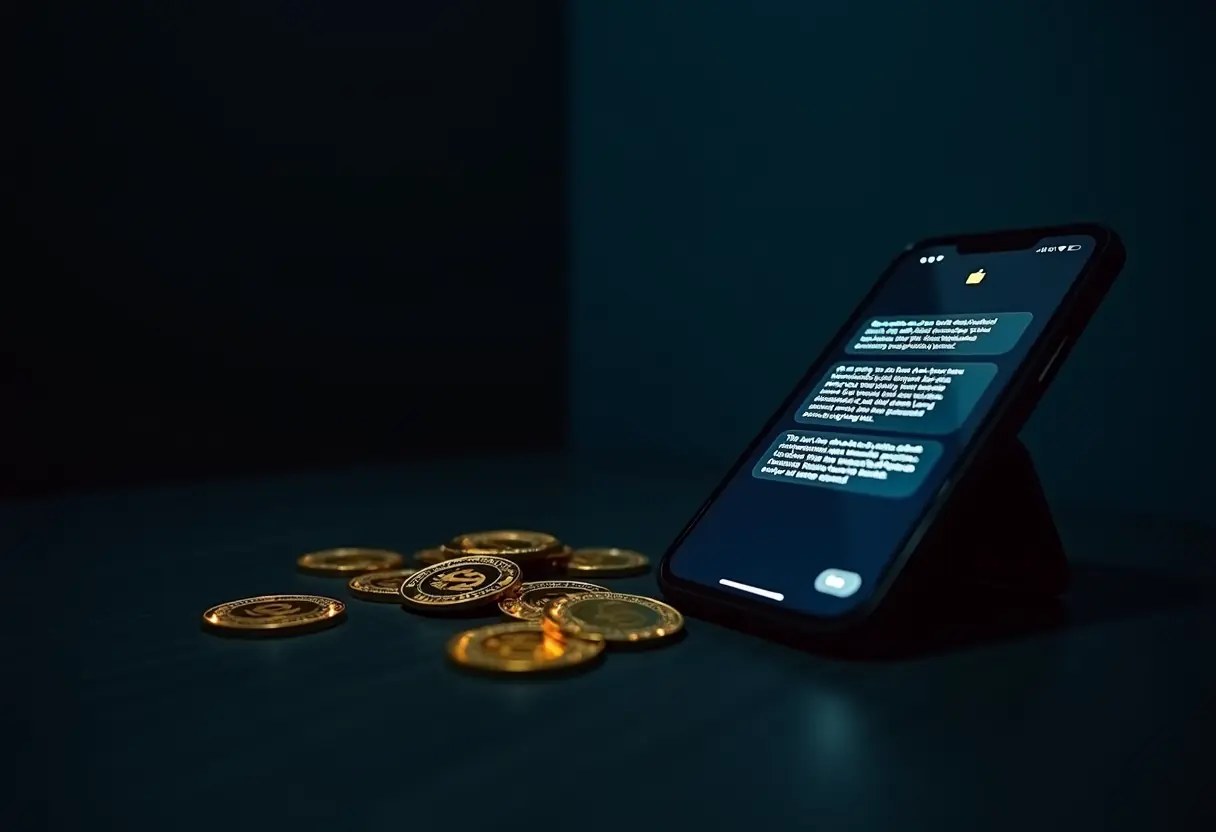 A cinematic, photo-realistic image of a dark smartphone screen glowing with an encrypted chat interface next to scattered glowing cryptocurrency coins on a