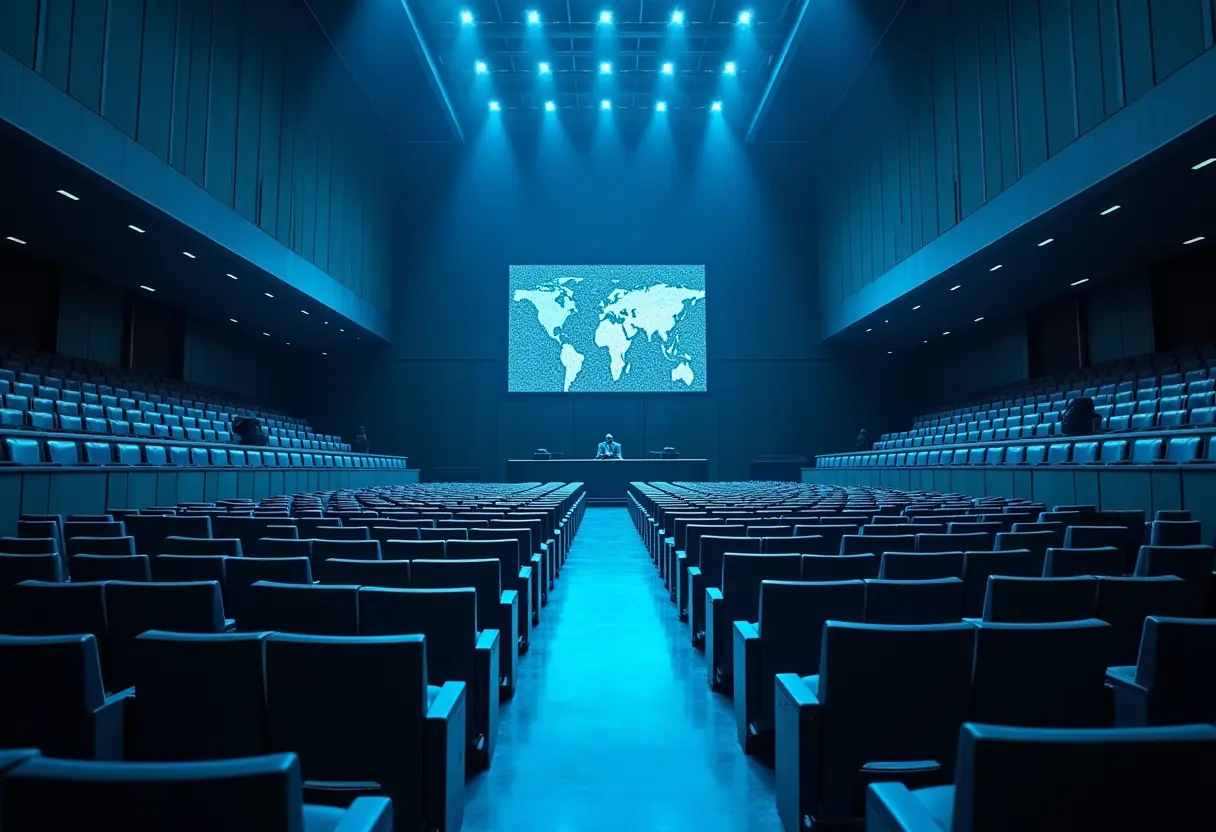 A dramatic, photorealistic editorial image of the Israeli Knesset plenum hall from an elevated angle, empty chairs bathed in cool blue light, with a subtle overlay suggesting a political map divided into two competing camps, conveying tension and an approaching election.