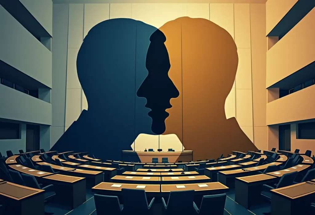 An editorial illustration of the Knesset plenum hall with two overlapping political party emblems merging into one silhouette, muted navy and gold tones, professional Israeli news analysis style, no readable text