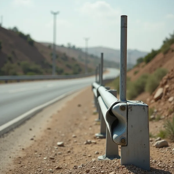 עמוד מעקה בטיחות מפלדה על שולי כביש מחצץ, כביש וגבעות מטושטשים ברקע
