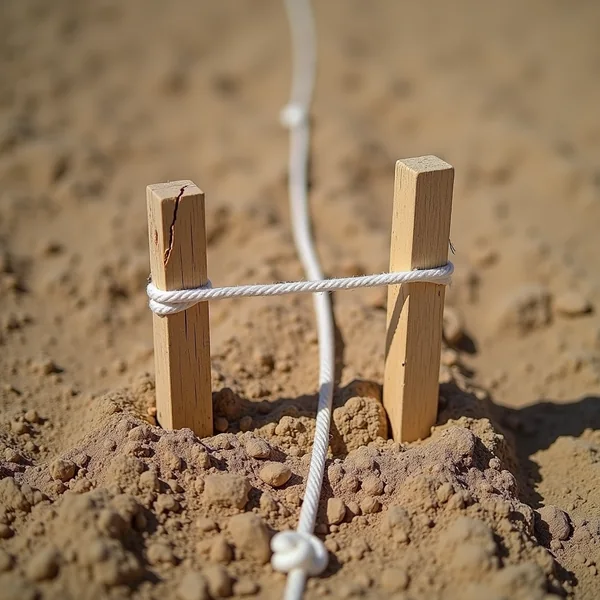 חוט סימון לבן מתוח בין שני יתדות עץ מעל קרקע עפר מהודקת