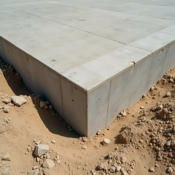 פינה ישרה של יסוד בטון יצוק נפגשת עם קרקע עפר מהודקת, בתקריב
