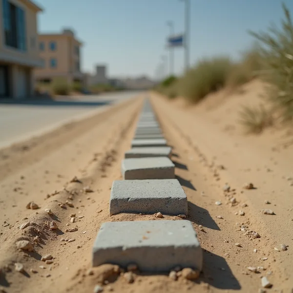 שורת אבנים אפורות שטוחות מסודרות בקו על קרקע חולית, מבנים מטושטשים ברקע